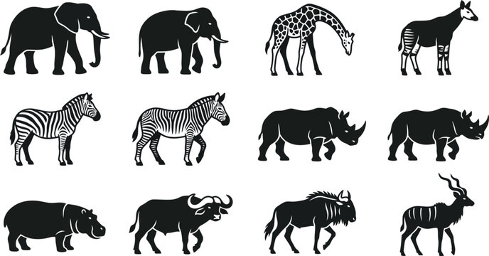 Set of silhouettes of African savannah animals and wildlife.