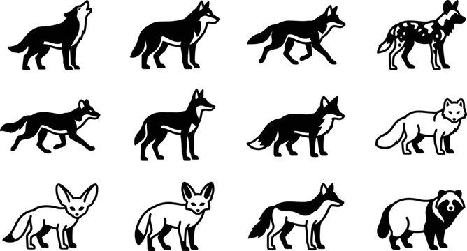 Set of wild canine silhouettes featuring wolves foxes and jackals.