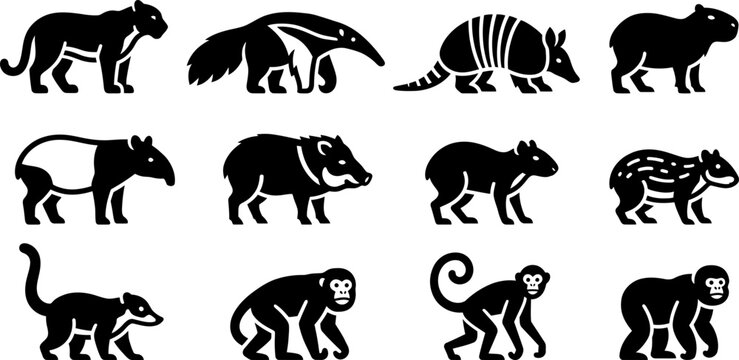 Collection of black silhouette icons representing various wild South American animals.