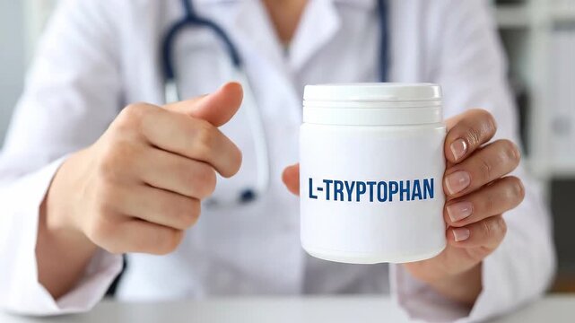 Female doctor in white coat with stethoscope holding white jar of L-Tryptophan supplement powder and giving a thumbs up, pointing finger &mdash; mood support, better sleep, serotonin production