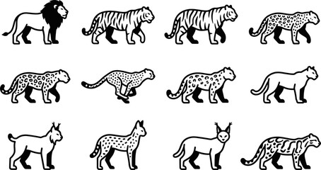 Set of various wild cat species black and white vector icons. © nami8