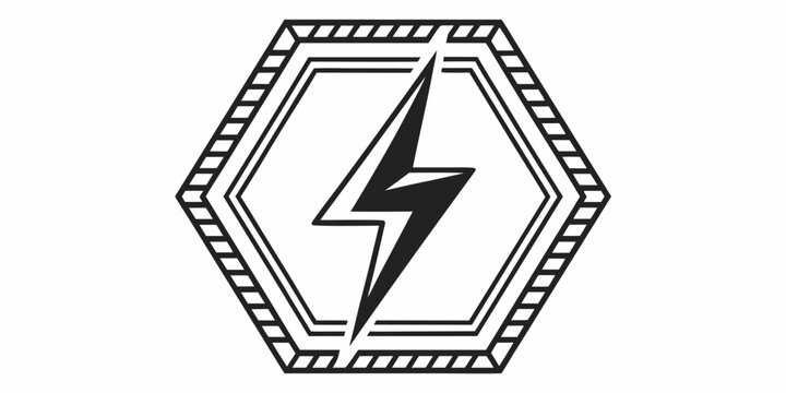Lightning bolt icon is enclosed within a thick geometric hexagon border for modern branding.