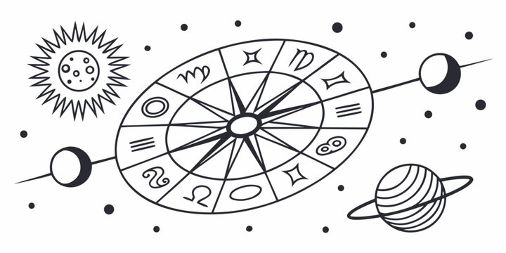 Zodiac wheel illustrates astrological signs arranged around a central star with surrounding planets and stars in a simple line art style.