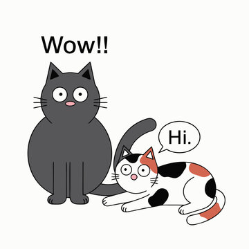 Cute black cat and calico cat talking with speech bubbles