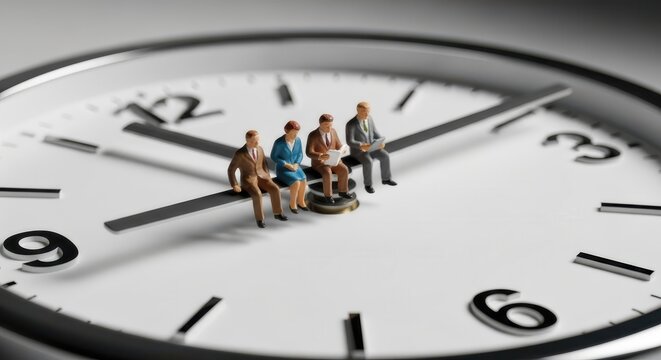 Miniature Business People Sitting on Clock Hands Representing Time Management and Deadlines Concept