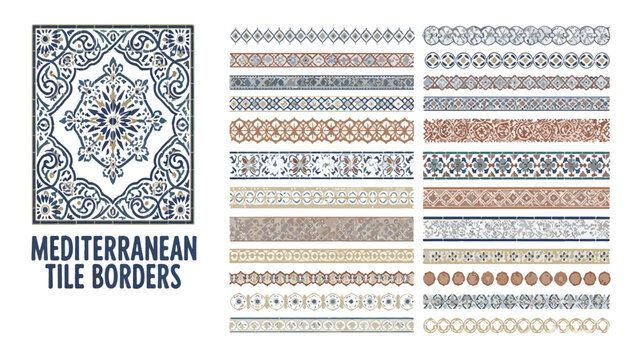 Mediterranean tile borders collection, vintage decorative ceramic pattern set, blue and terracotta mosaic ornament vector for interior design