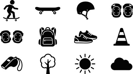 Set of black and white icons for skateboarding and outdoor activities. © Ternak