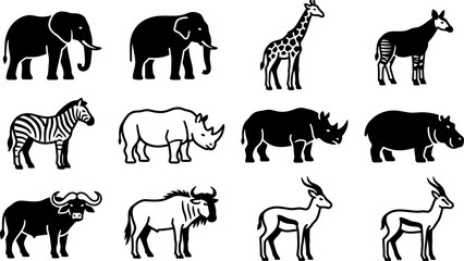 Set of silhouettes and line art African safari animals. © Ternak