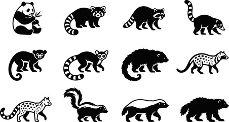Set of black and white wild animal silhouettes in doodle style. © Ternak