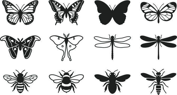 Set of monochrome silhouettes of various insects including butterflies moths dragonflies and bees.