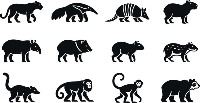 Set of black and white silhouettes of South American jungle animals.