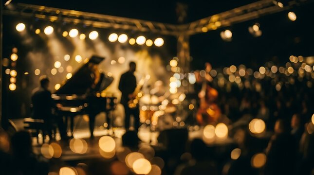 Warm, blurred lights dance around a live musical performance, evoking a dreamlike and soulful concert experience