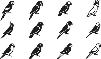 Set of black and white parrot icons representing various bird species. © Ternak
