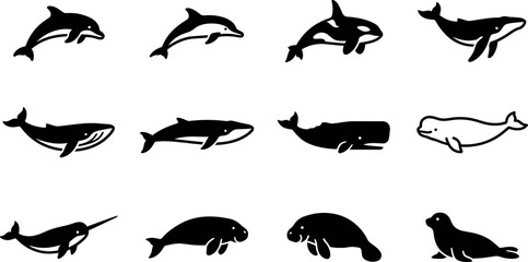 Set of various sea animal silhouettes and icons. © Ternak