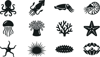 Set of sea creatures and marine life icons in flat black silhouette style. © Ternak