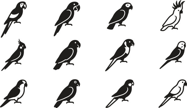 Set of black and white parrot icons representing various bird species.