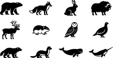 Set of black silhouette arctic and polar animal icons. © Hyiu
