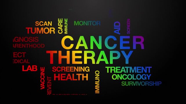 Cancer therapy concept Animated Tag Word Cloud kinetic typography, Text Design Animation typography seamless loop video motion graphics Intro Wordart arrangement rainbow type on black background bg