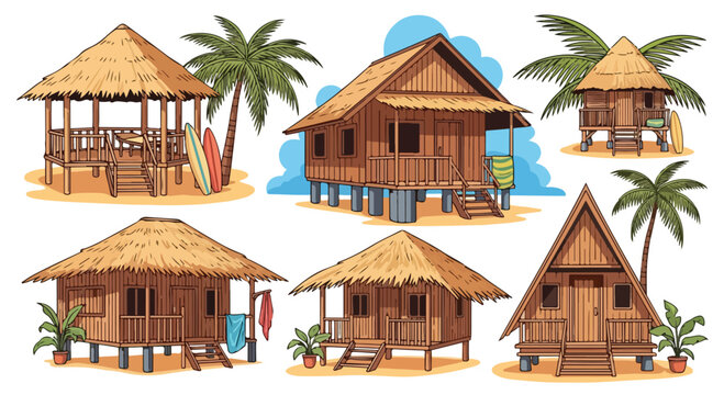Tropical beach bungalow collection, wooden bamboo huts with straw roofs, set of 6 island resort villas, exotic coastal architecture vector illustrations