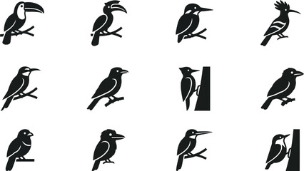 Set of black and white wild bird icons. © Hyiu