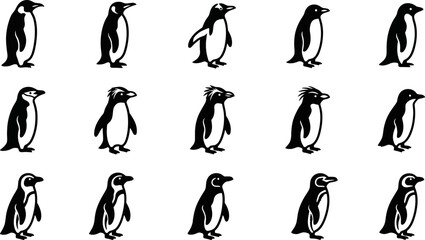 Set of black and white penguin silhouettes isolated on white background. © Hyiu