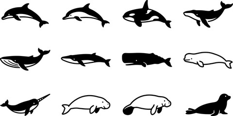 Set of silhouettes representing various marine mammals and aquatic animals. © Hyiu
