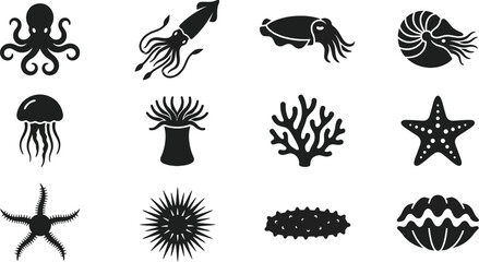 Set of sea creatures and marine life silhouette icons. © Hyiu