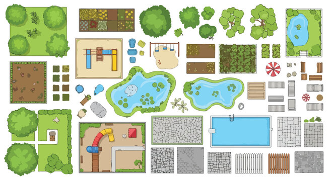 Landscape design elements kit, top view garden map icons with trees and ponds, architectural site plan vector set for park and backyard planning