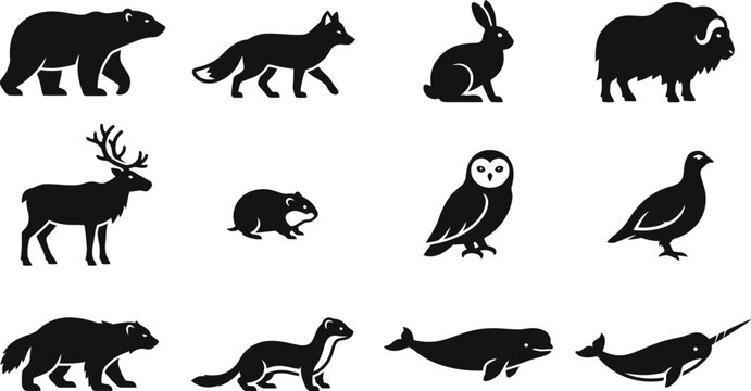 Set of twelve black arctic animal silhouettes.