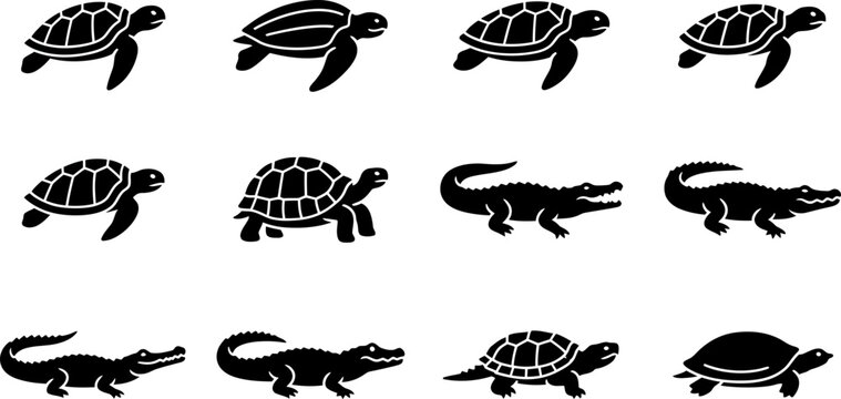 Set of black silhouette icons featuring various turtles and crocodiles.