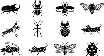 Set of various insect silhouettes for nature and entomology designs. © Pionn