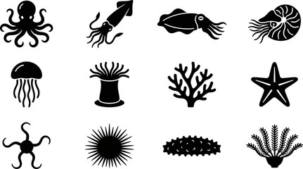 Set of marine animal and sea life icons. © Pionn