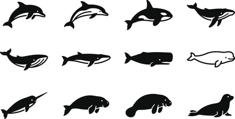 Collection of various marine mammal silhouettes and aquatic creatures. © Pionn