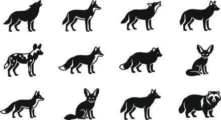 Set of silhouettes of wild canines including foxes and wolves. © Pionn