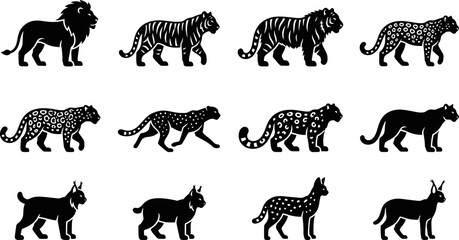 Set of wild cat silhouettes including lions tigers and leopards. © Pionn