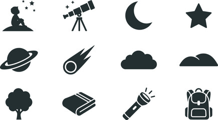 Set of black silhouette icons for space exploration and camping activities. © Pionn
