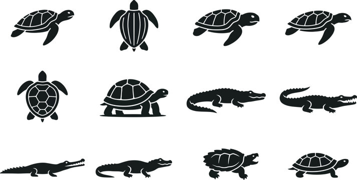 Set of black silhouette icons featuring turtles and crocodiles.