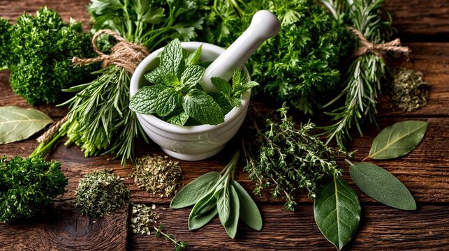 Fresh Herbs and Spices with Mortar on Dark Wood
