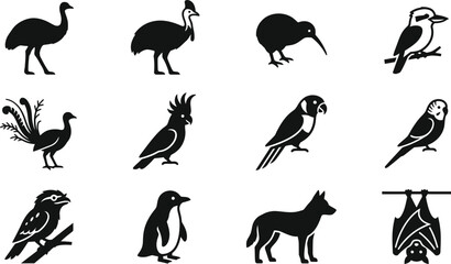 Set of black and white silhouettes of Australian native animals and birds. © Rahmat