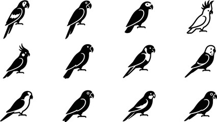 Set of various parrot bird icons in black silhouette style. © Rahmat