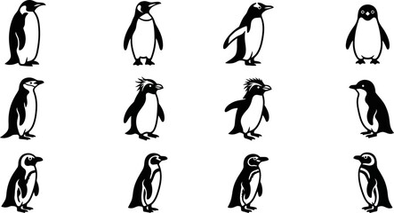 Set of various penguin silhouettes and stylized icons. © Rahmat