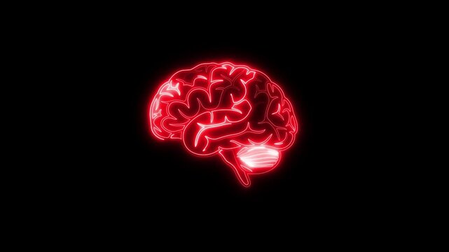 Blue neon brain with electric pulses and wave lines representing futuristic neural technology