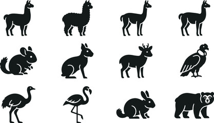 Set of black and white silhouettes featuring various animals and wildlife species. © Rahmat