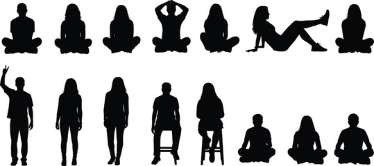 Silhouettes of people in seated and standing poses showing diverse postures and body language for design and illustration © Mr Ashik02