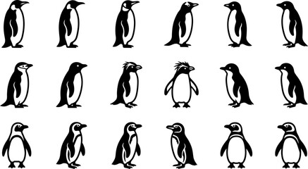 Collection of stylized penguin vector silhouettes in various poses. © Rahmat