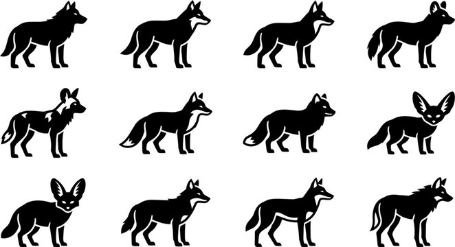 Collection of black silhouette icons representing different types of wild canine animals.