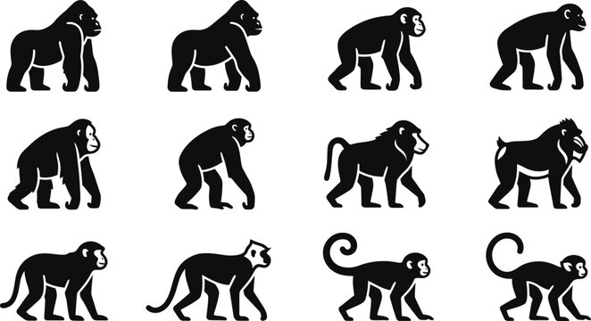 Set of black and white icons featuring various monkey and primate species.