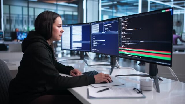 Young Female Developer Reviews Code Differences