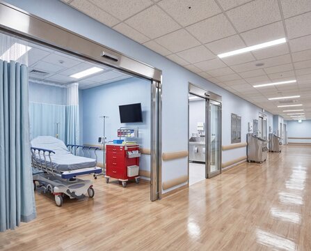 Modern hospital nursing station beside clinical ward rooms - side view