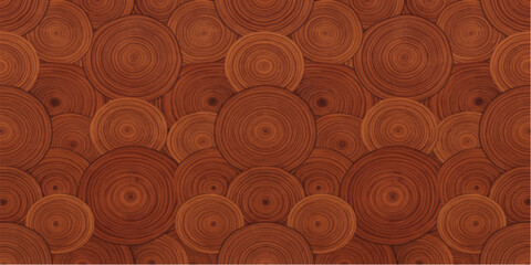 A visually striking abstract pattern of circular wood grain textures, arranged in a mosaic-like composition, creates a warm and organic background. © DreamPixel Art